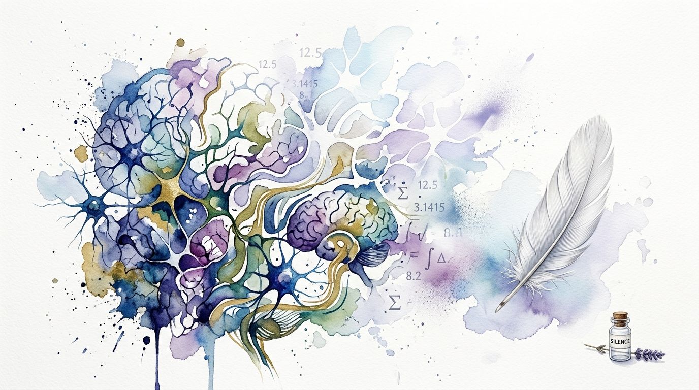 A watercolor illustration of a brain with mathematical symbols, a white feather, and a small silence bottle.