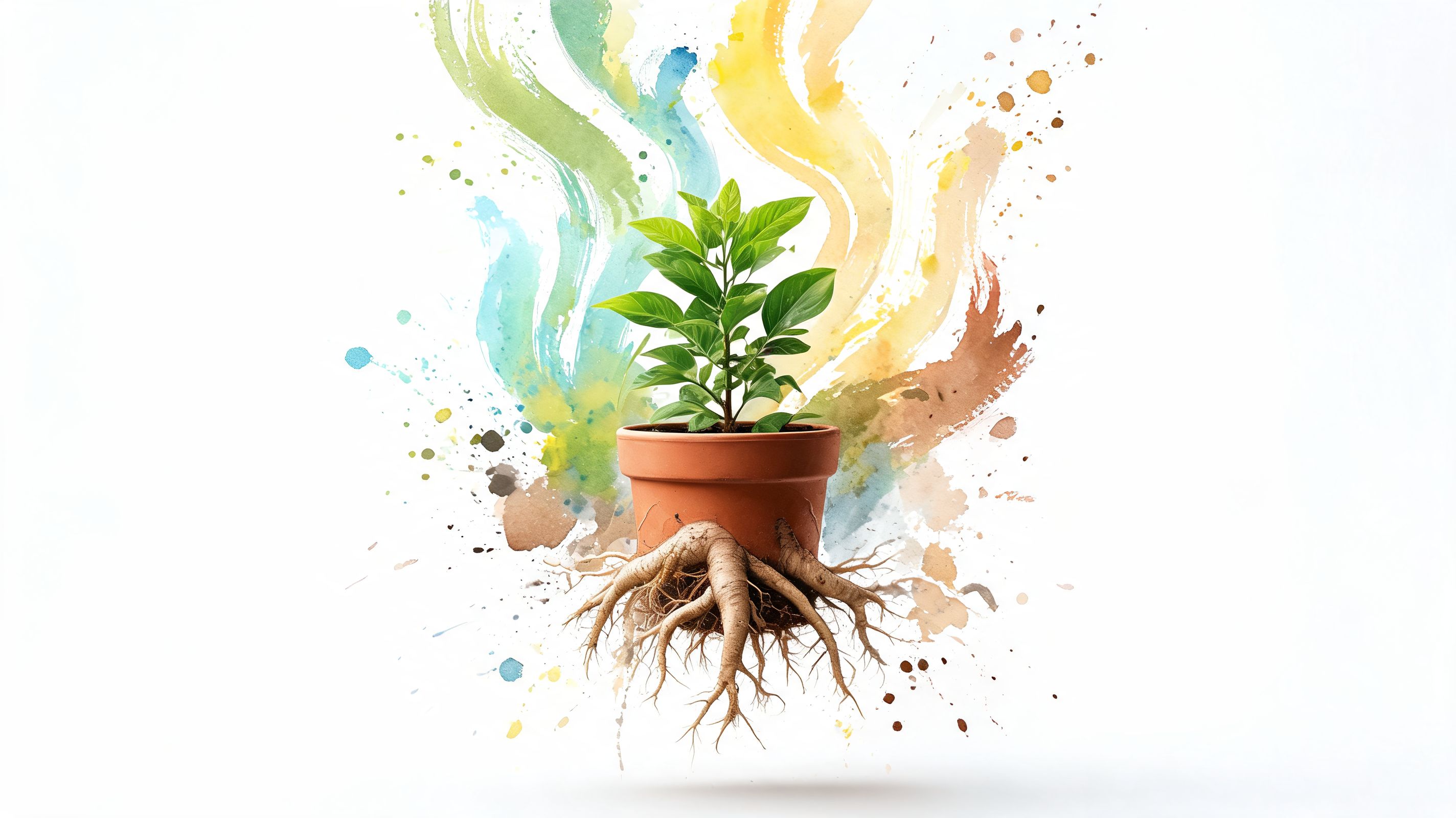 A small green plant in a terracotta pot with exposed roots against an abstract watercolor background.