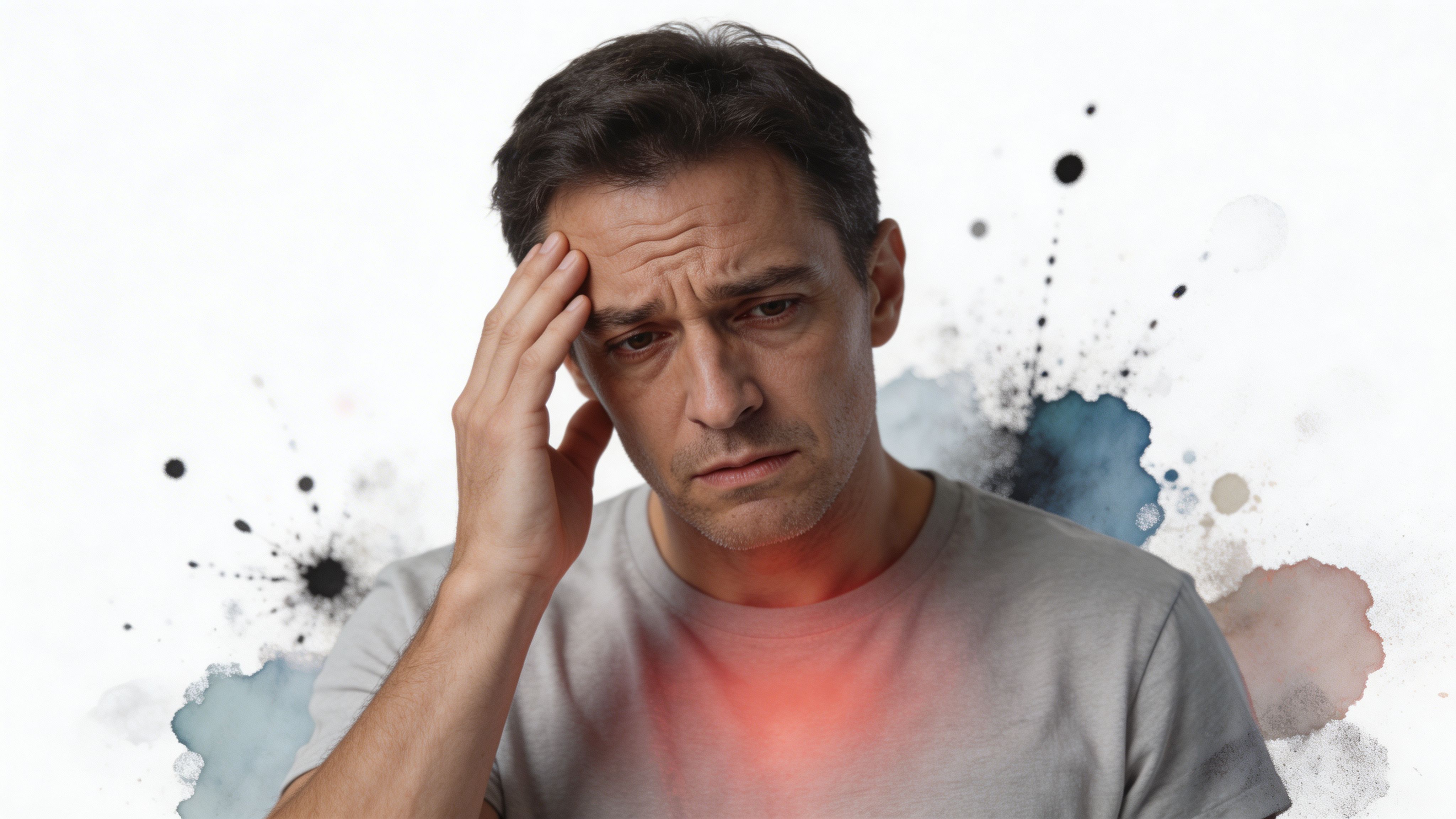 A distressed man touching his head while experiencing chest pain, depicted with artistic watercolor splash effects.