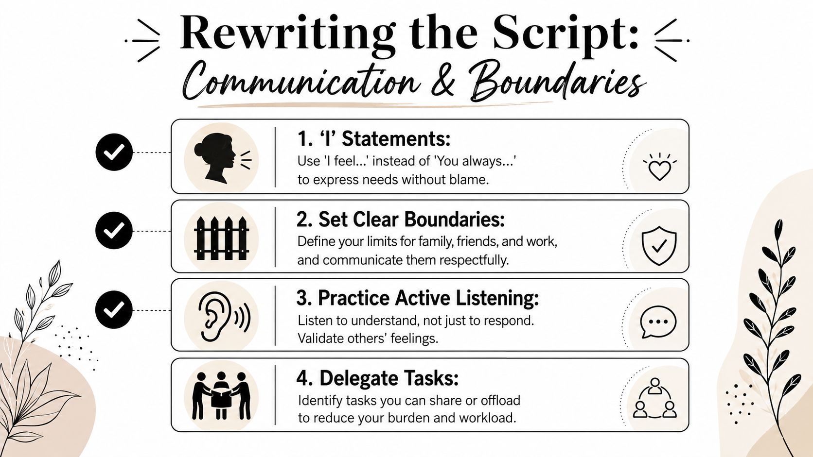 An infographic titled Rewriting the Script offering tips on communication, setting boundaries, active listening, and delegating tasks.