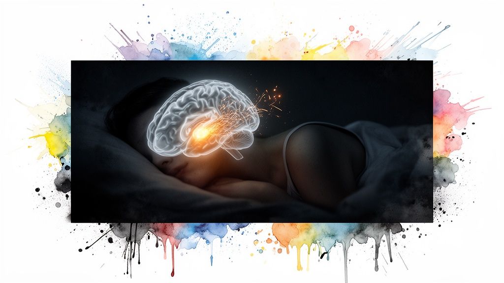 A sleeping person with a glowing, active brain and sparks, framed by colorful watercolor art.
