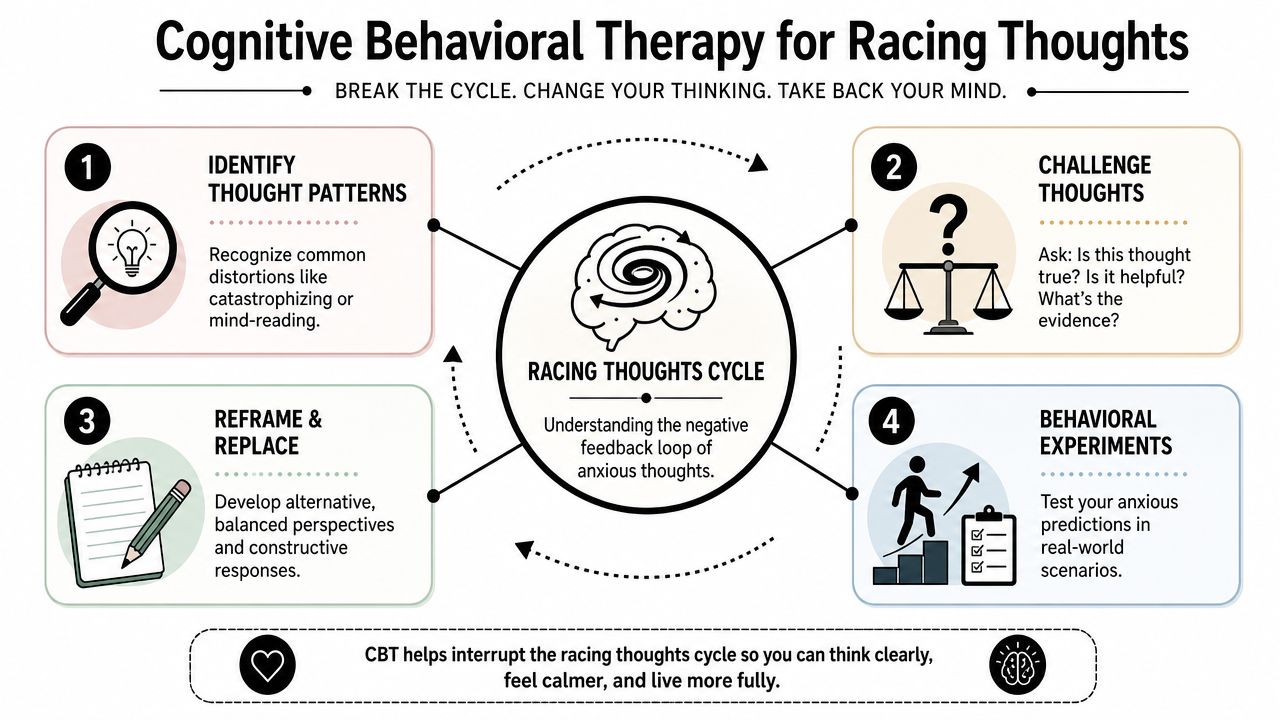 A four-step infographic illustrating Cognitive Behavioral Therapy techniques to manage and break the cycle of racing thoughts.