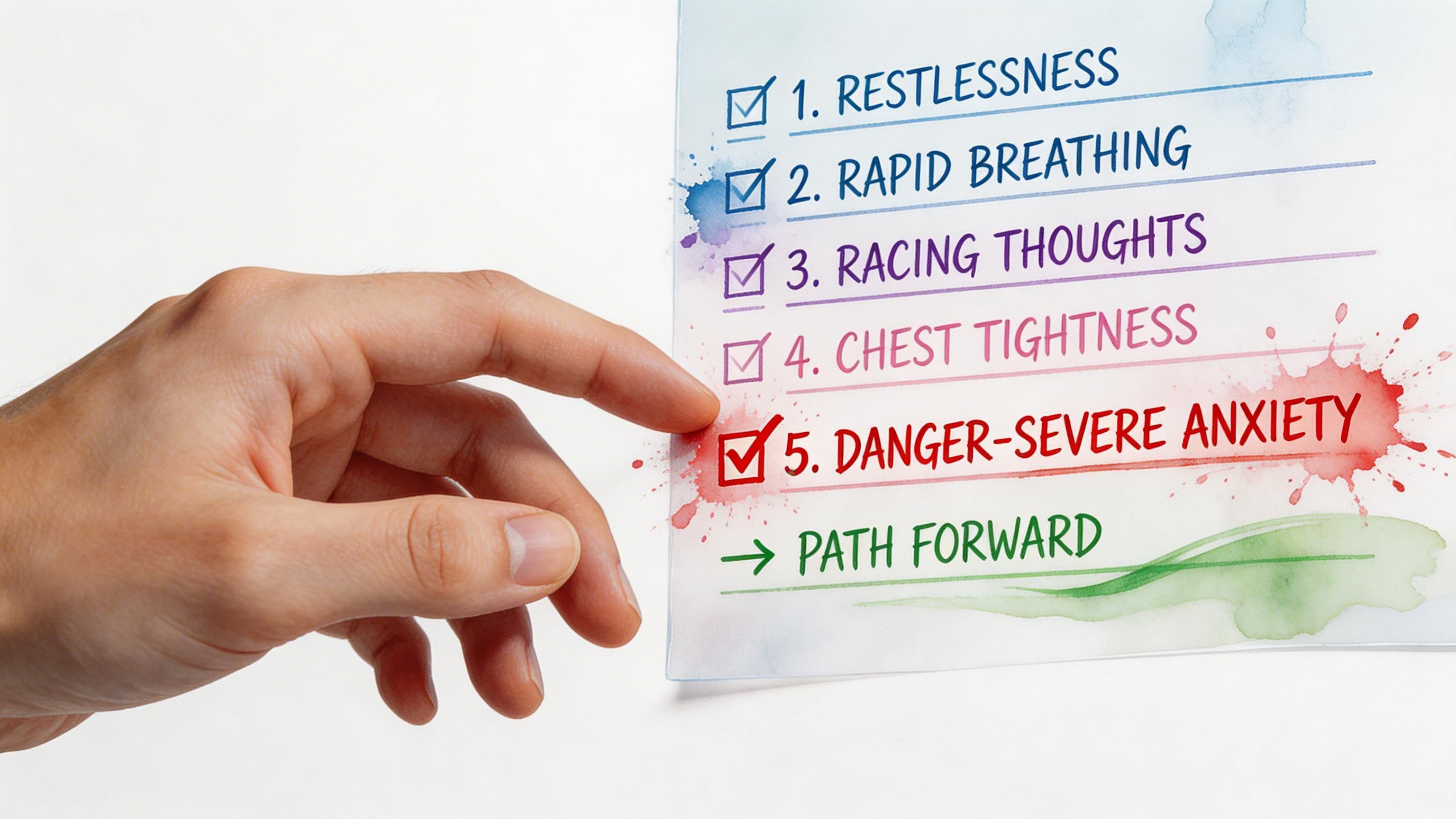 A hand pointing to a checklist showing symptoms of anxiety with the final item highlighting severe anxiety.