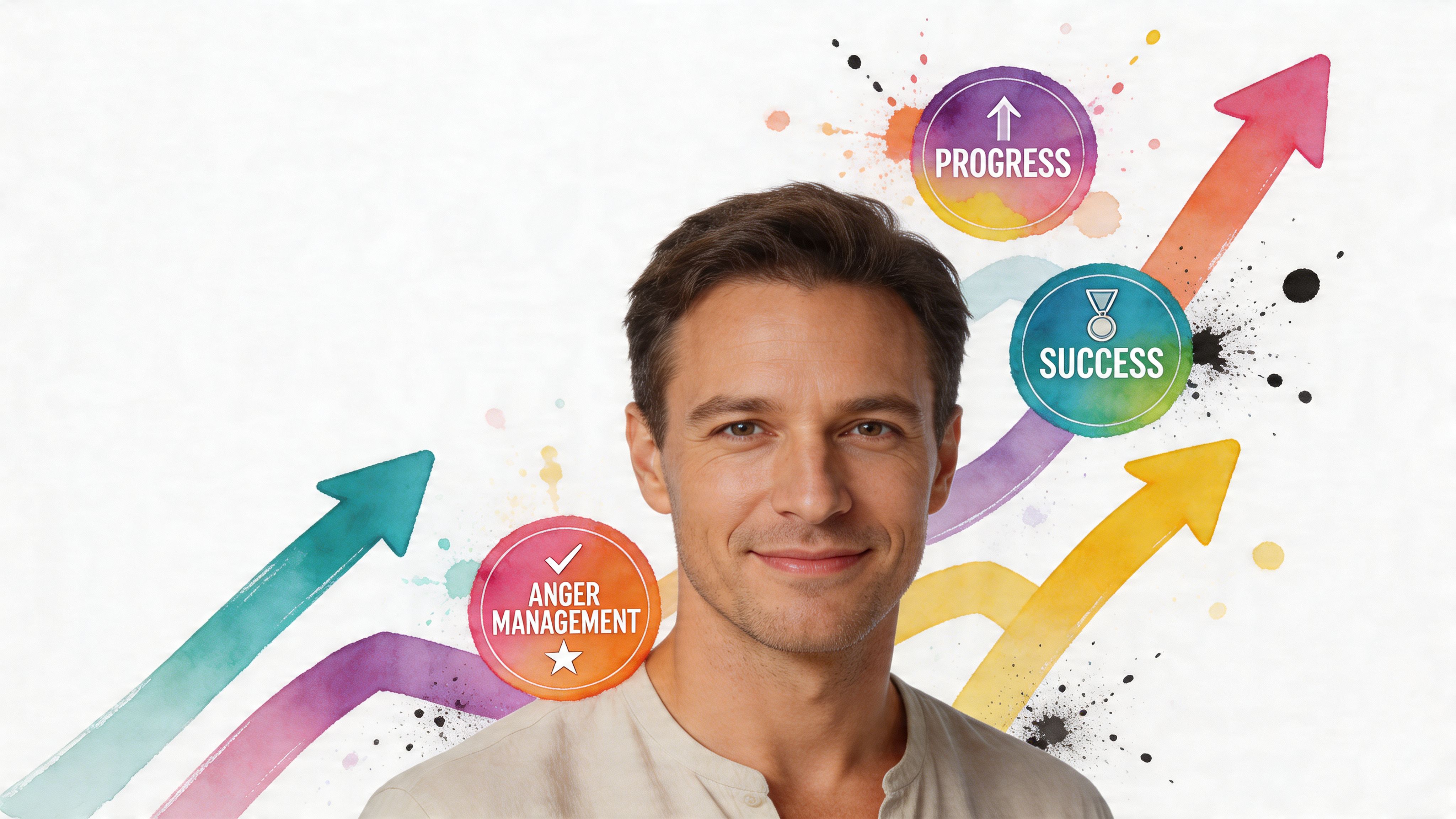 A smiling man standing in front of illustrated arrows and circles representing anger management, progress, and success.