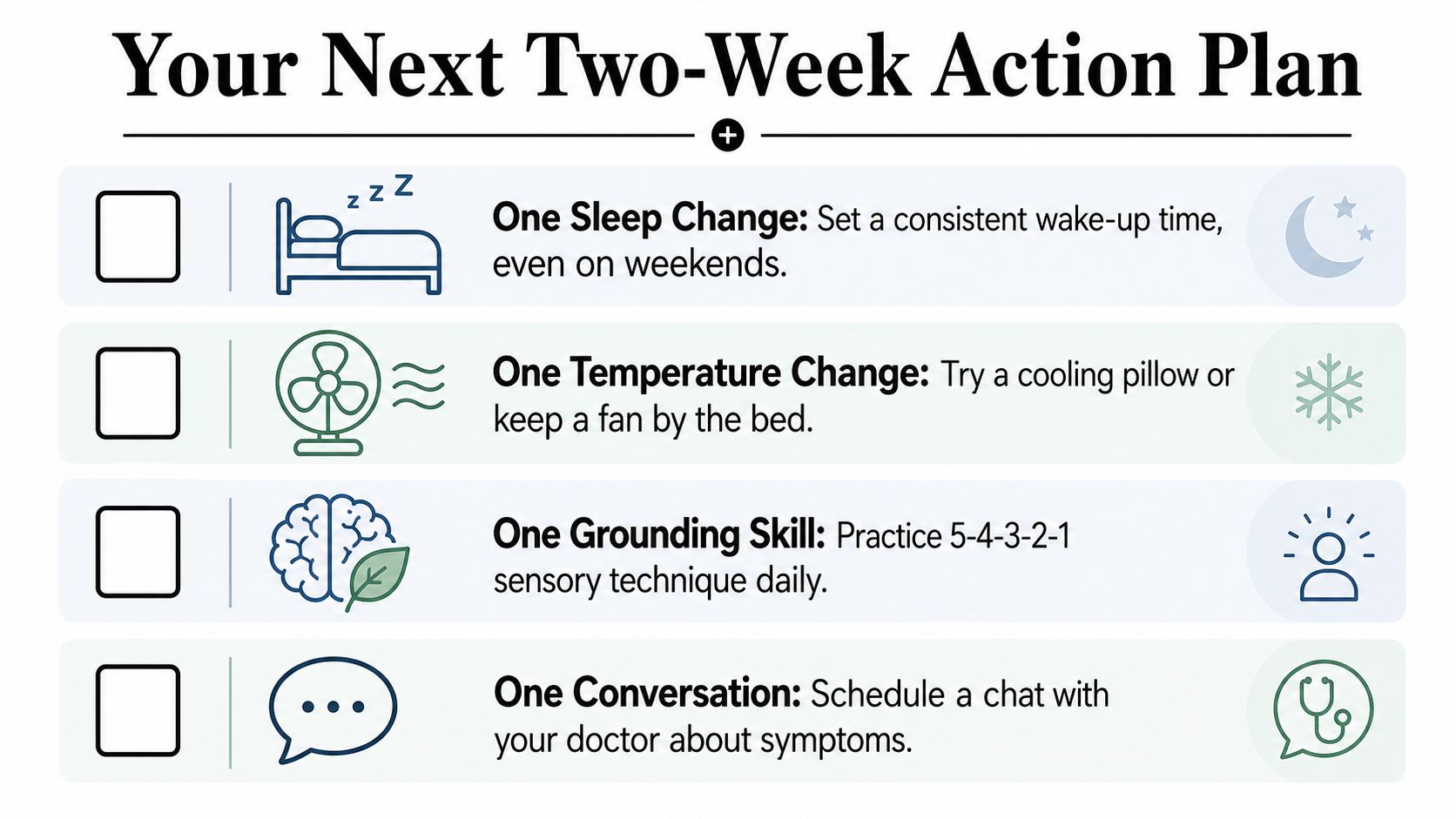 A checklist titled Your Next Two-Week Action Plan featuring four simple health and wellness improvement tips.
