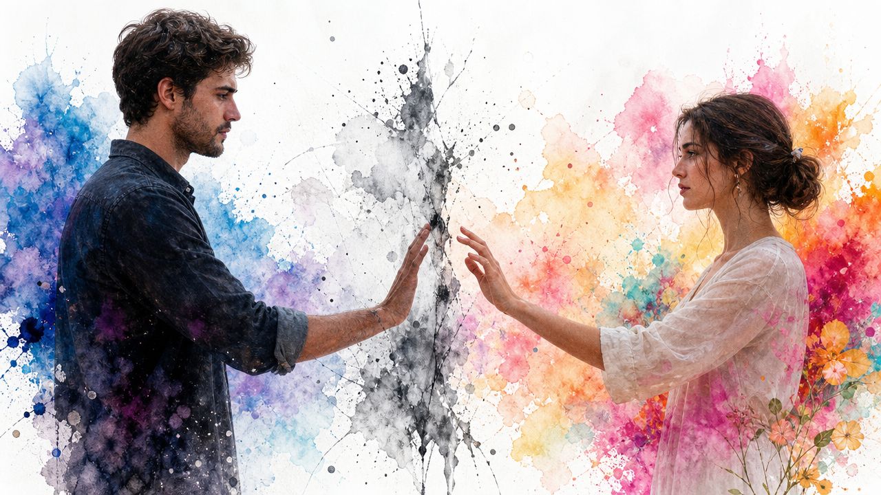 A man and woman reaching towards each other with watercolor splashes symbolizing emotional distance and connection.