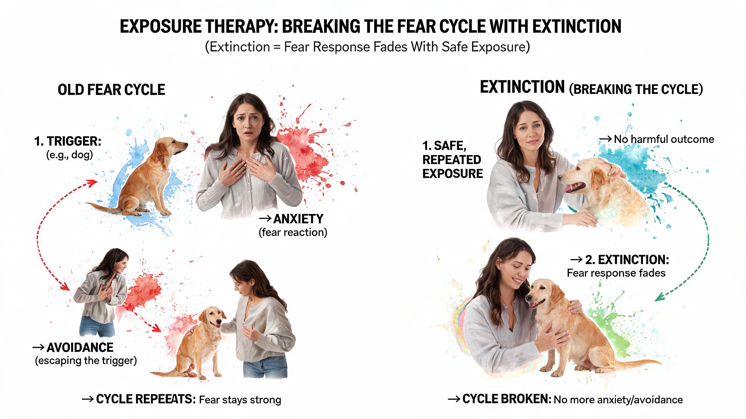 A diagram illustrating how exposure therapy uses extinction to overcome fear by replacing avoidance with safe interaction.