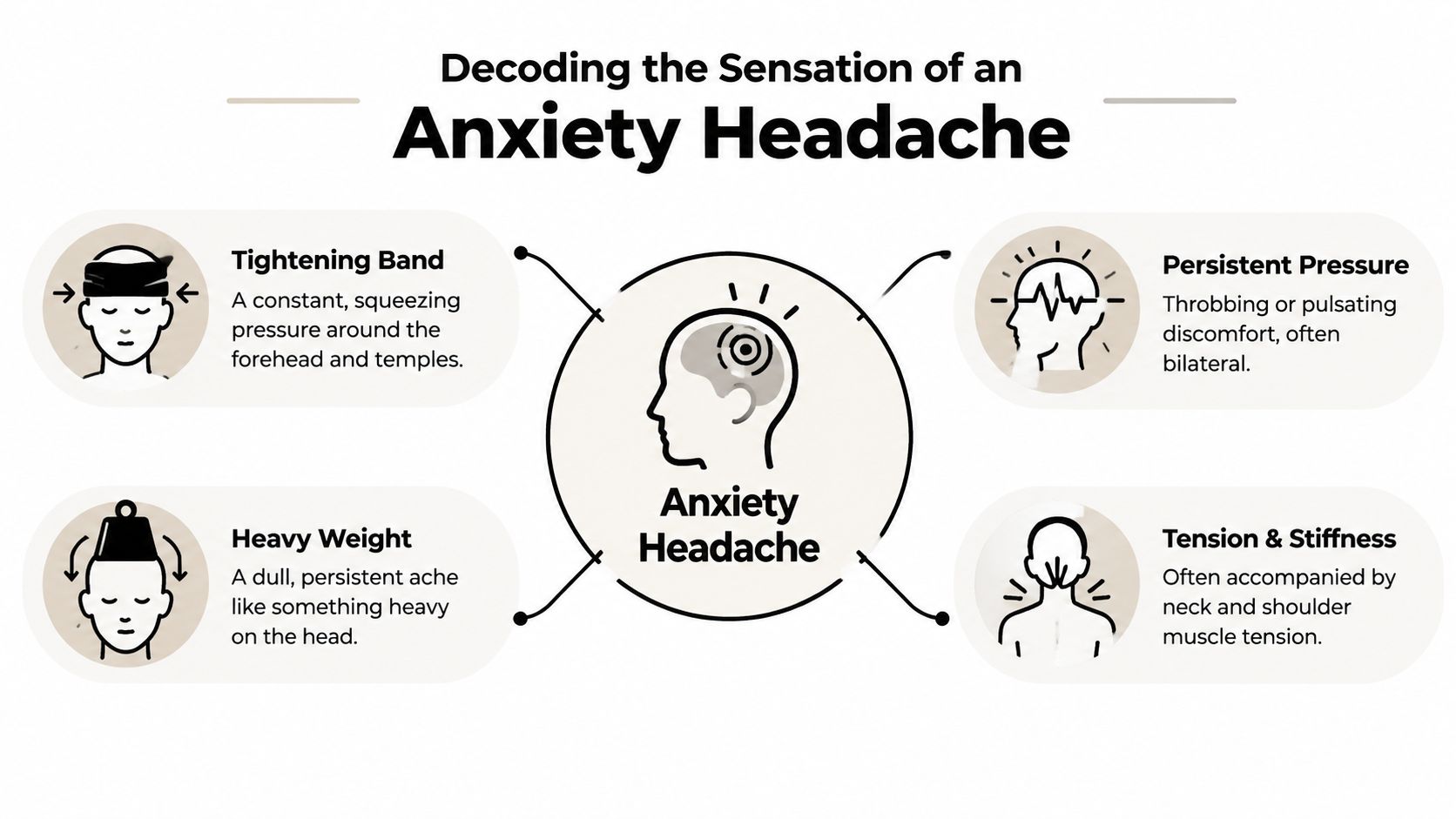 An infographic illustrating four common physical sensations of an anxiety headache, including pressure and tension.