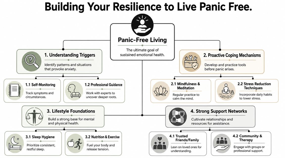 A diagram outlining strategies for building resilience and achieving a panic-free life through various health techniques.