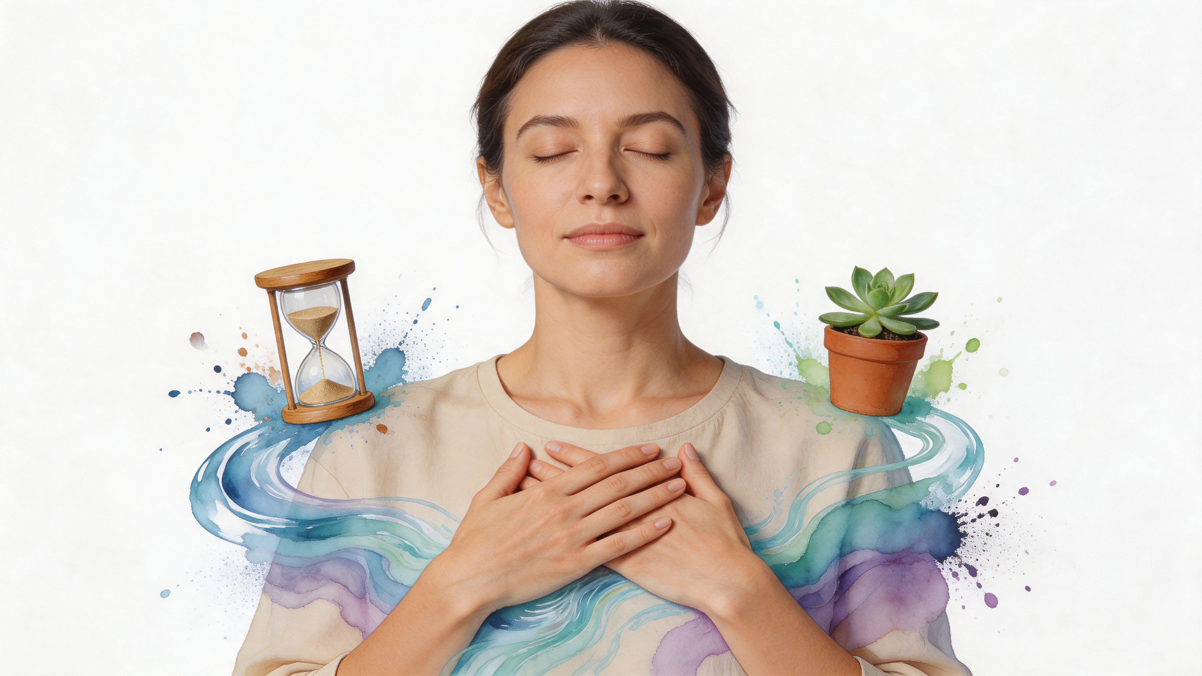 A serene woman with closed eyes holding her hands over her chest surrounded by watercolor art elements.