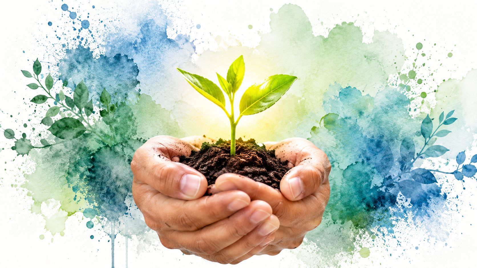 A person holding a small green sprout in their hands against a colorful, artistic watercolor background.