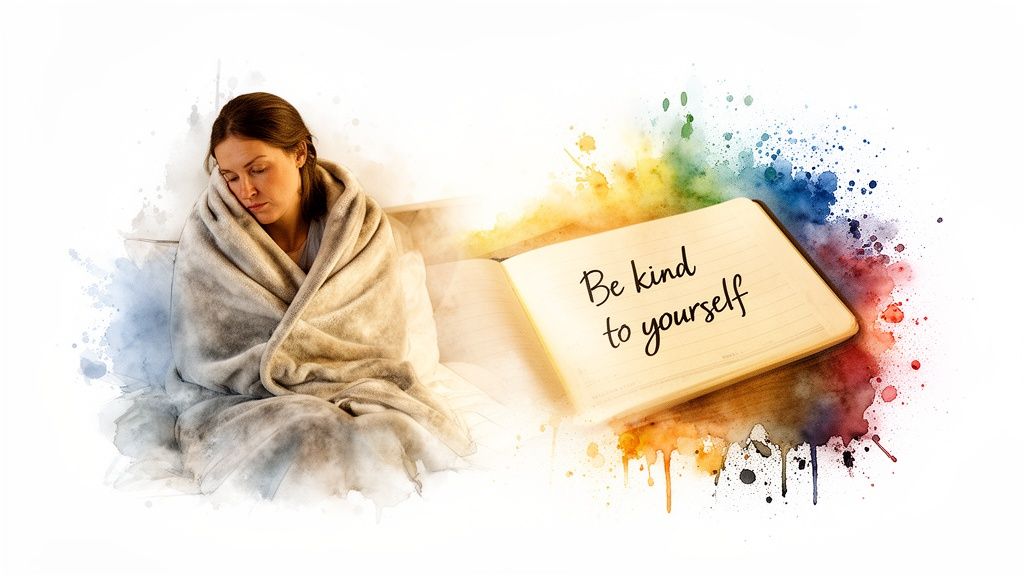 A sad woman wrapped in a blanket, next to a notebook with 'Be kind to yourself' and watercolor art.