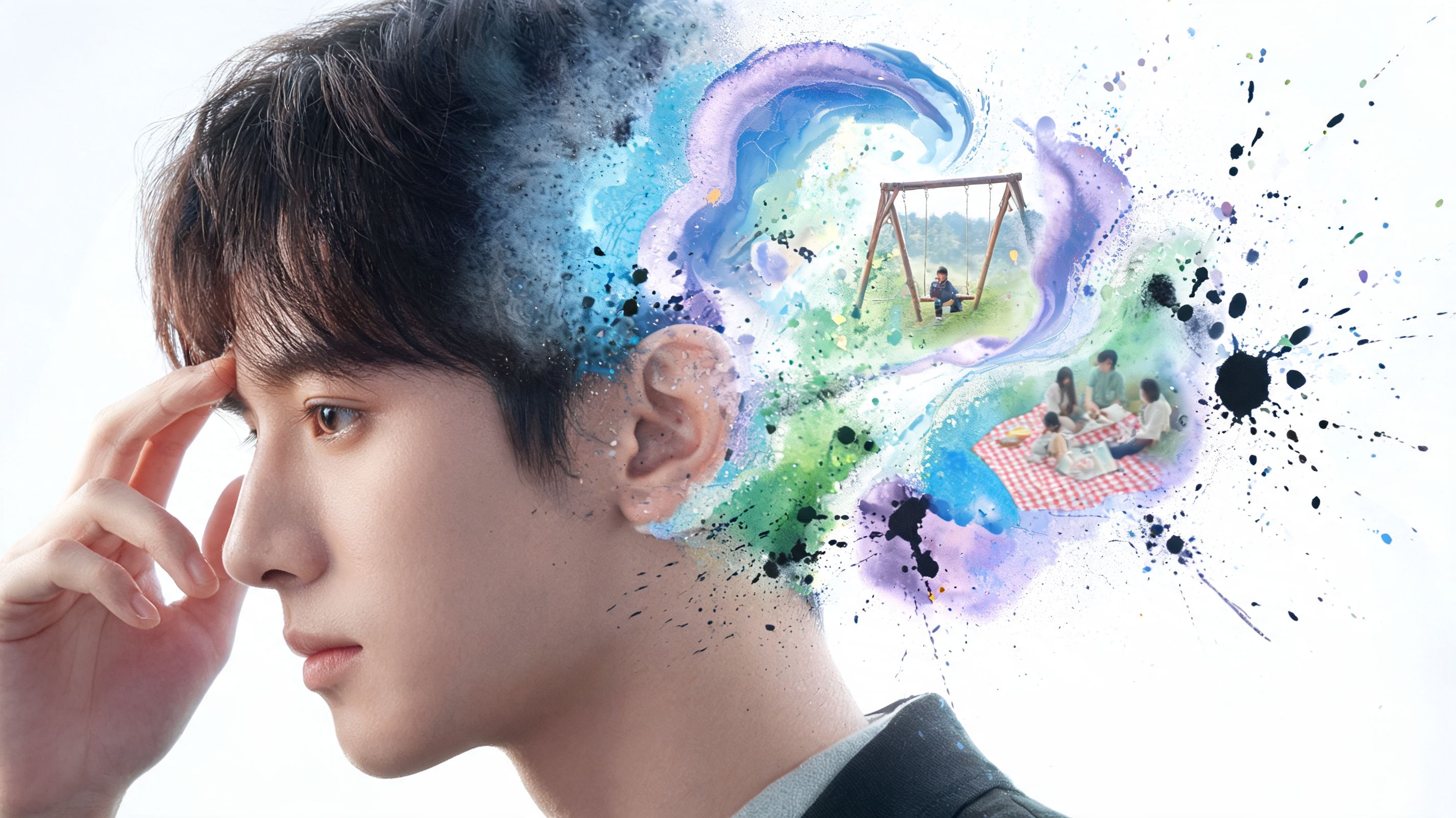 A thoughtful young man with a surreal splash of memories featuring family picnic and swing scenes.