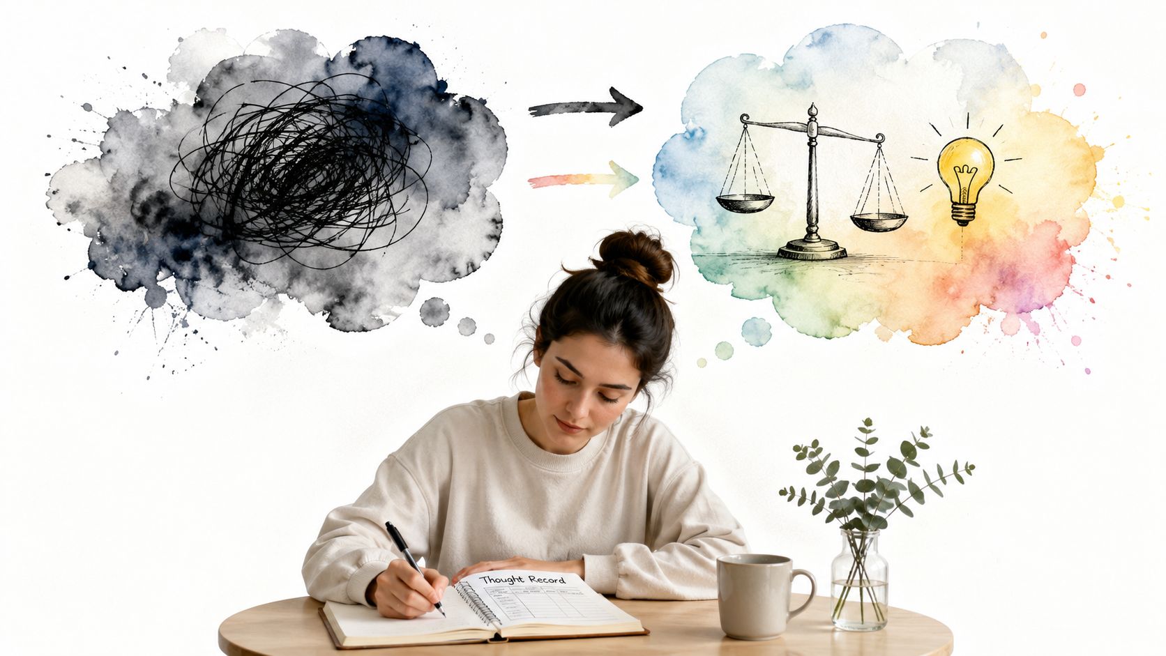 A woman filling out a thought record, illustrating the transition from chaotic thoughts to mental clarity.