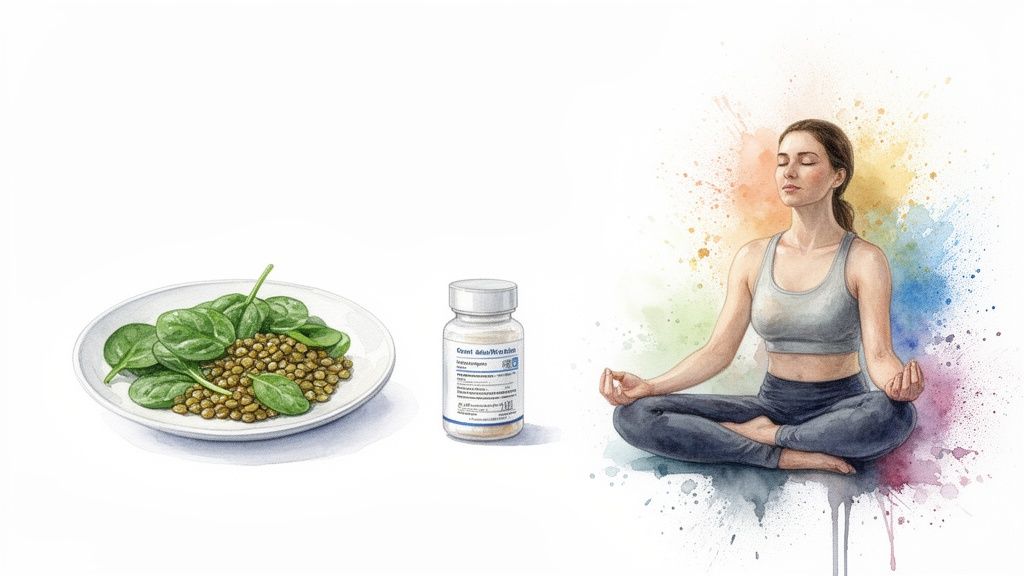 A plate of spinach and lentils, a supplement bottle, and a woman meditating, representing holistic wellness.