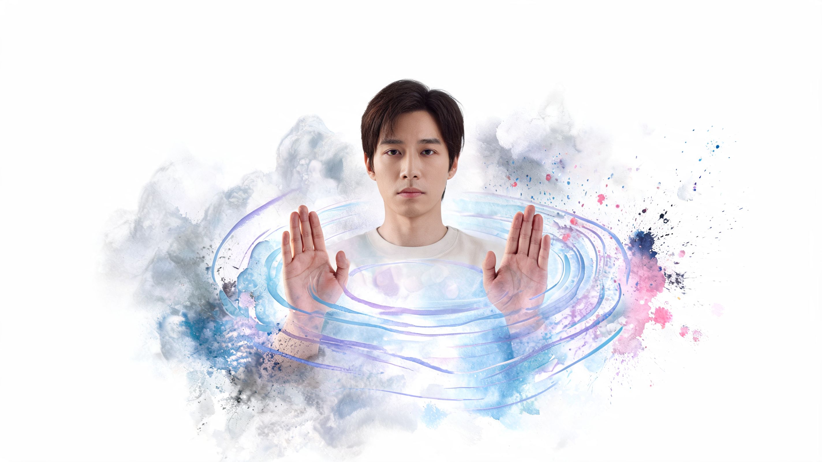 A young man with a serious expression holding his hands up to create metaphorical boundaries in white space.
