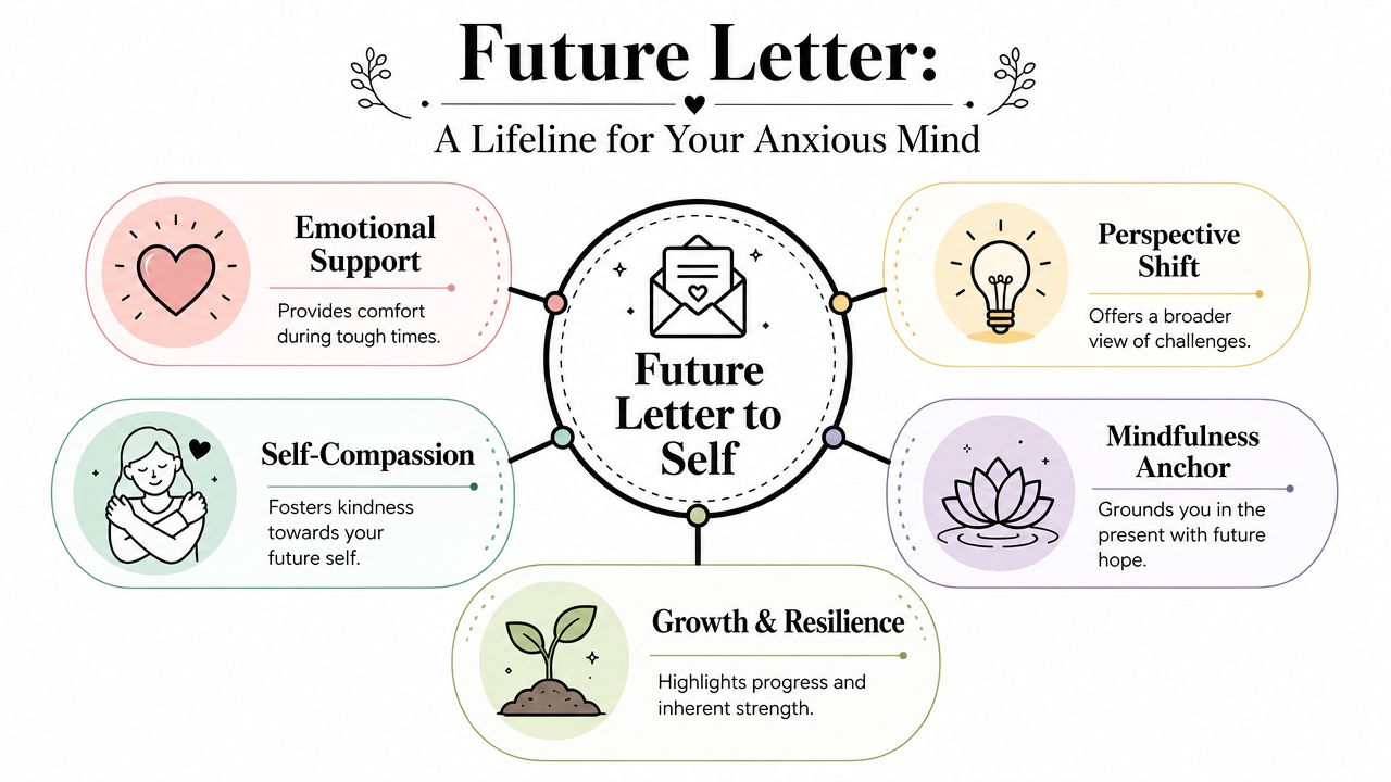 A diagram illustrating the benefits of writing a future letter to self for managing an anxious mind.