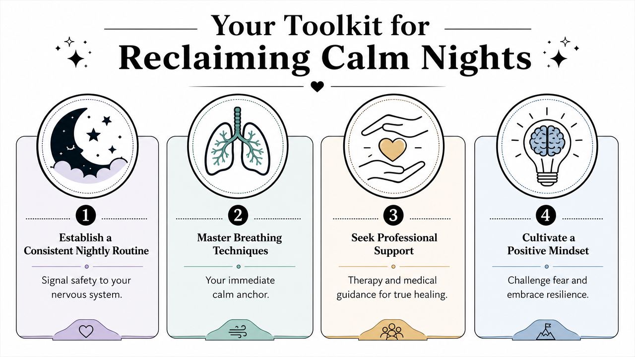 A four-step infographic for reclaiming calm nights, highlighting routines, breathing, professional support, and positive mindset.