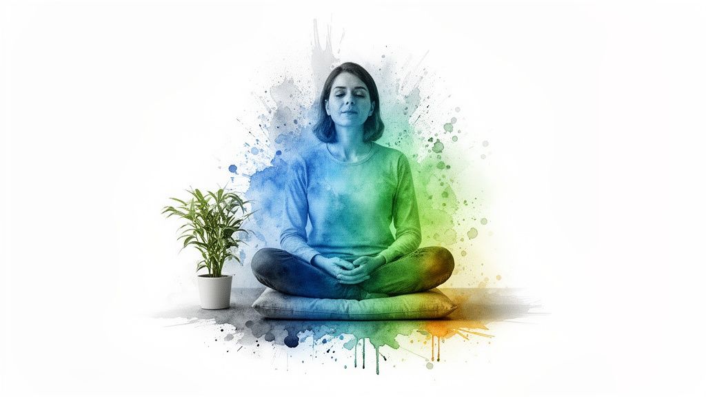 A woman meditates serenely on a cushion amidst vibrant blue and green watercolor splashes with a plant.