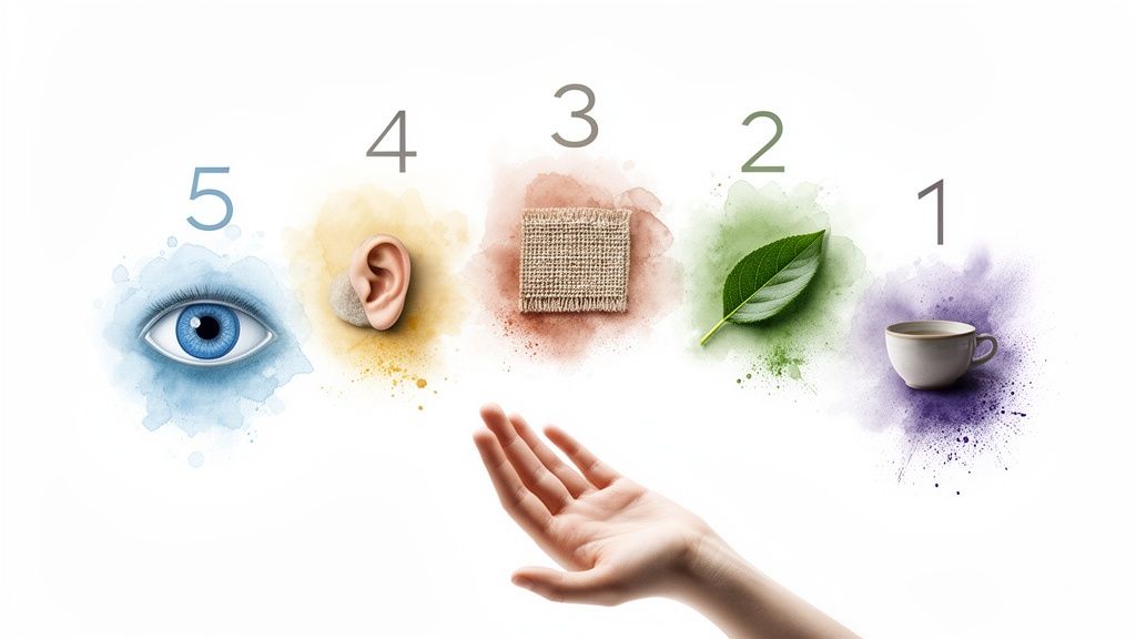 An illustration of the five senses with corresponding objects: a cup, leaf, fabric, ear, and eye.