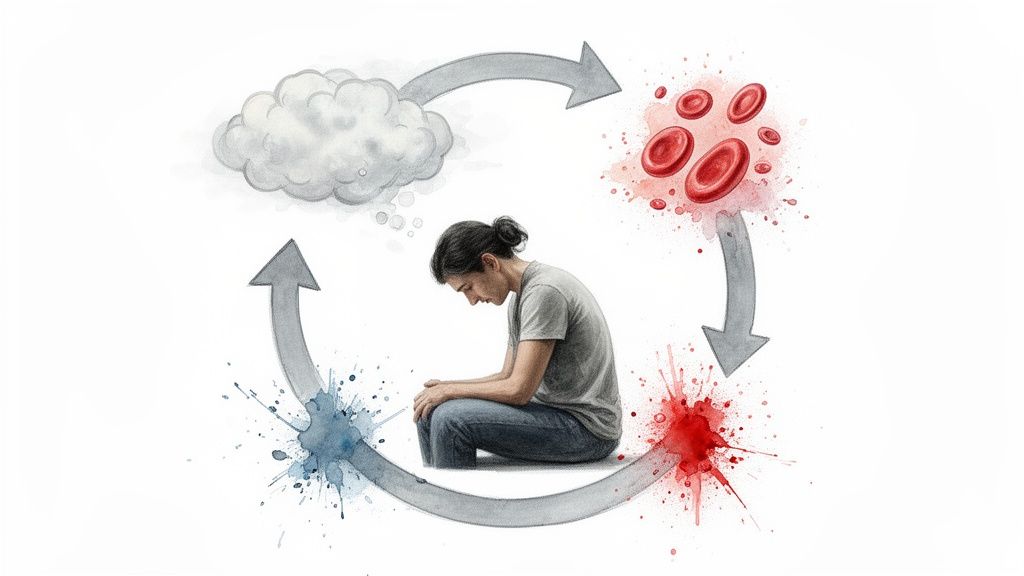 A watercolor illustrates a cycle connecting a stressed person, negative thoughts, and red blood cells, implying health impacts.