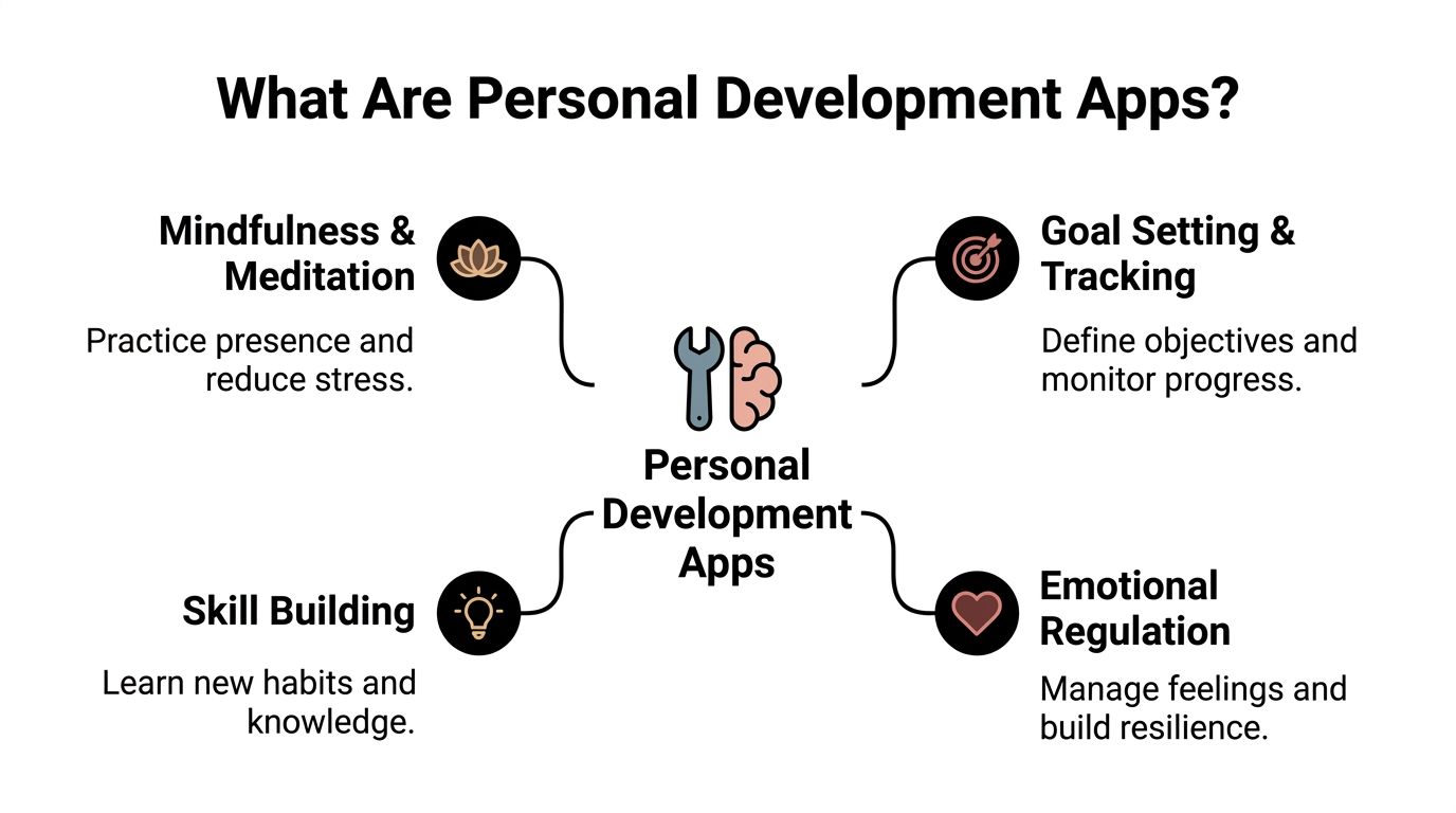 A diagram illustrating four key categories of personal development apps including mindfulness, goal tracking, skill building, and emotional regulation.