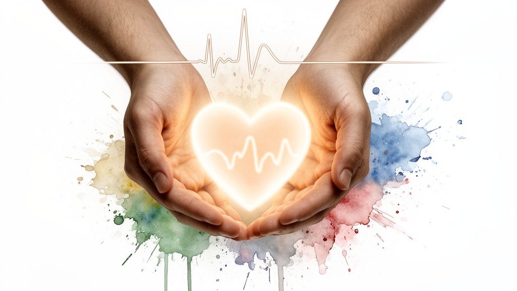 Two hands gently cup a glowing heart with an ECG line, surrounded by vibrant watercolor art.