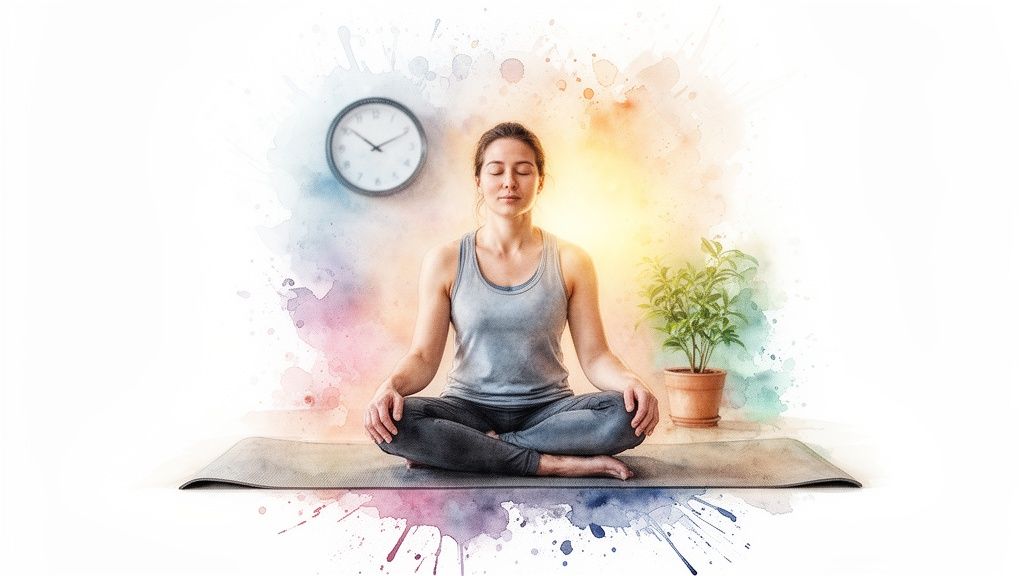 A serene woman meditates on a yoga mat, with a clock and plant in a watercolor background.