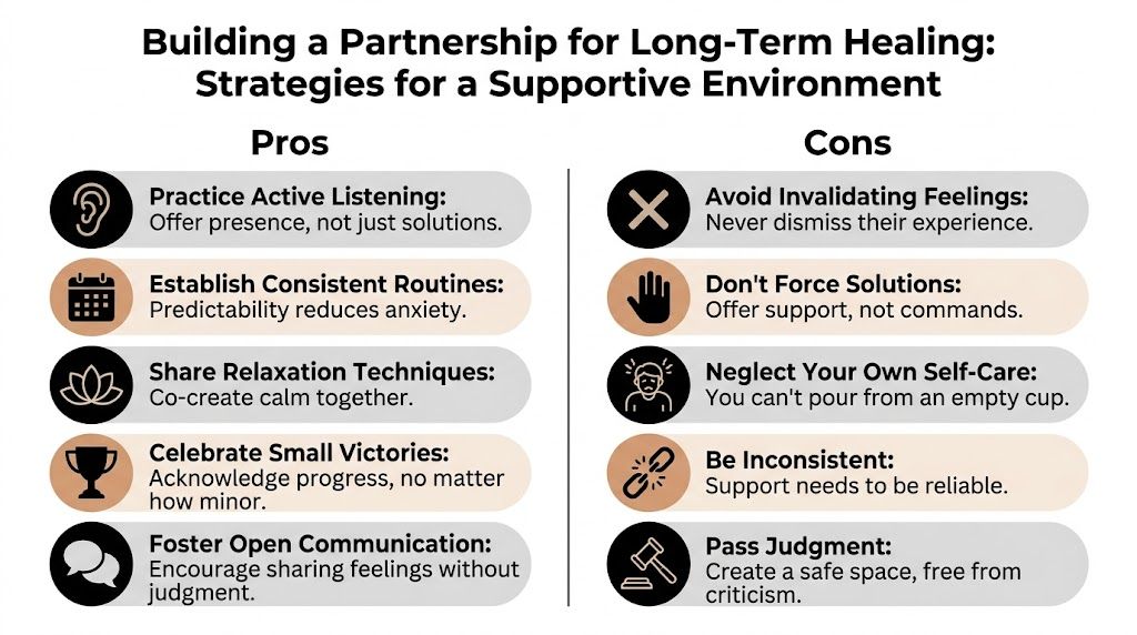 A chart comparing pros and cons of strategies for building a partnership for long-term healing and support.