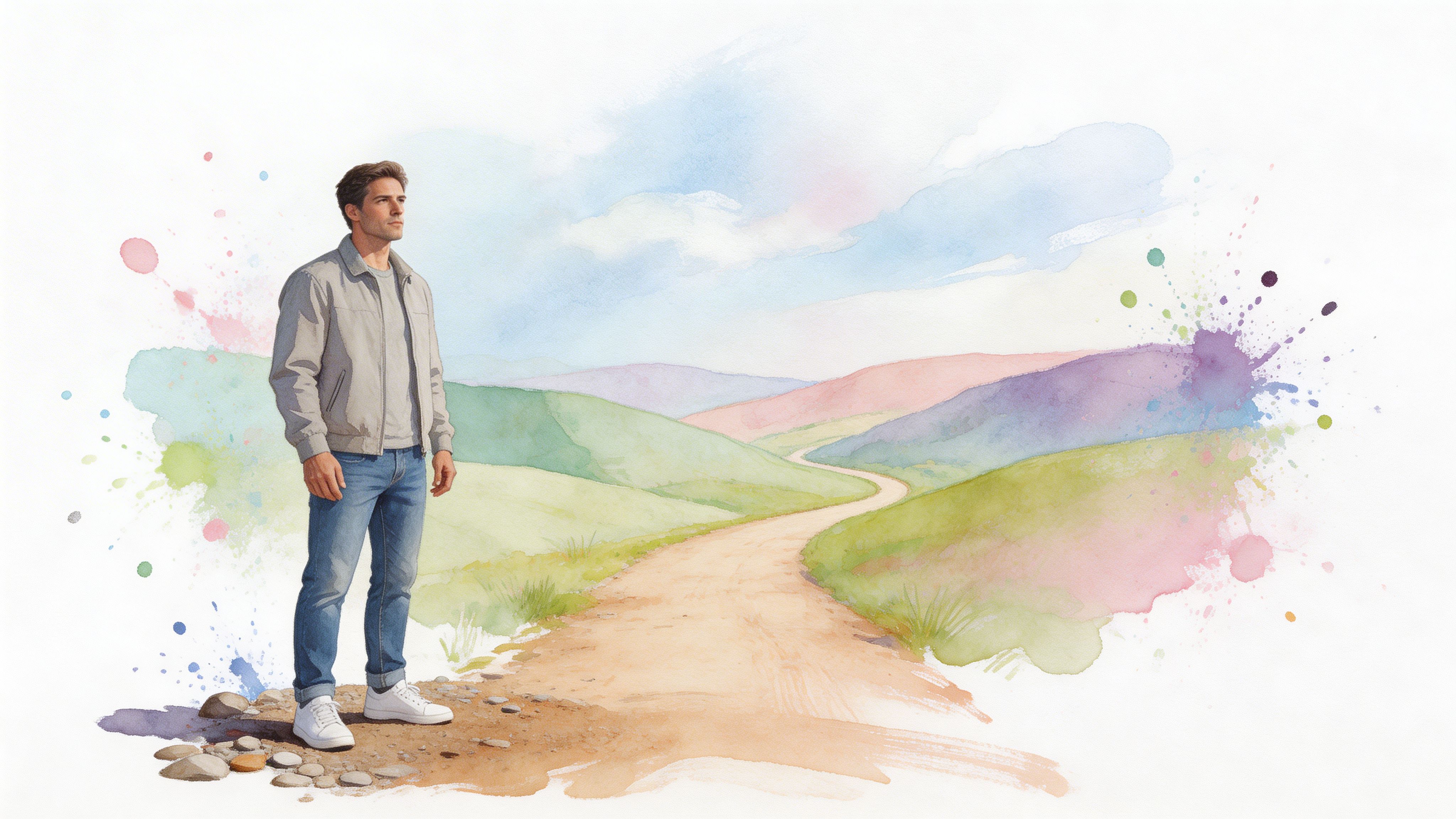 A man standing peacefully at the edge of a dirt road in a watercolor style landscape painting.