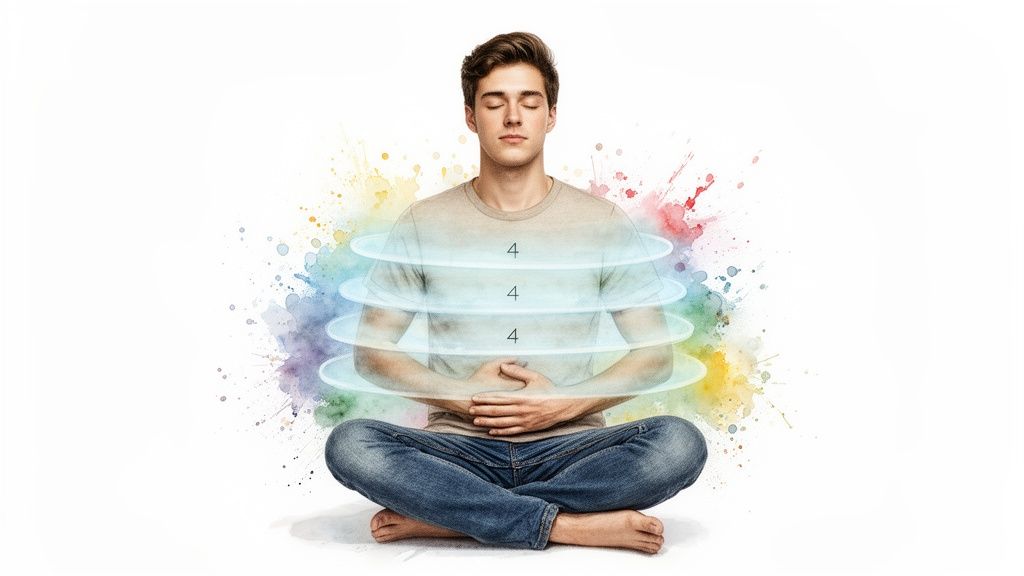 A young man meditating with closed eyes, surrounded by glowing rings and colorful watercolor splashes.