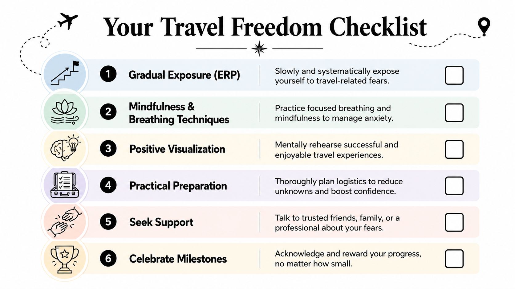 A travel freedom checklist featuring six actionable steps to help overcome the fear of traveling.