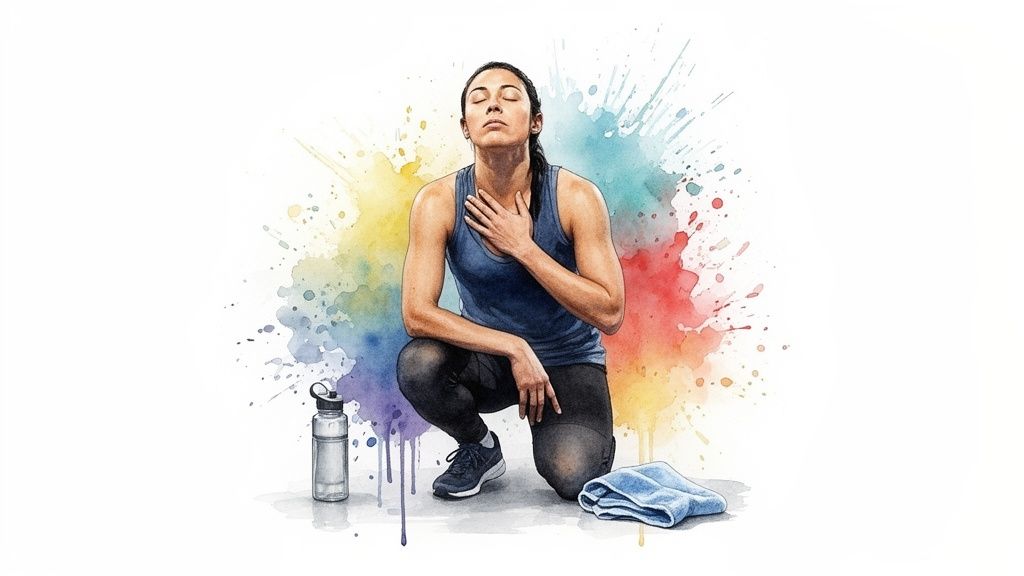 A watercolor illustration of a woman resting after a workout, eyes closed, with a water bottle and towel.