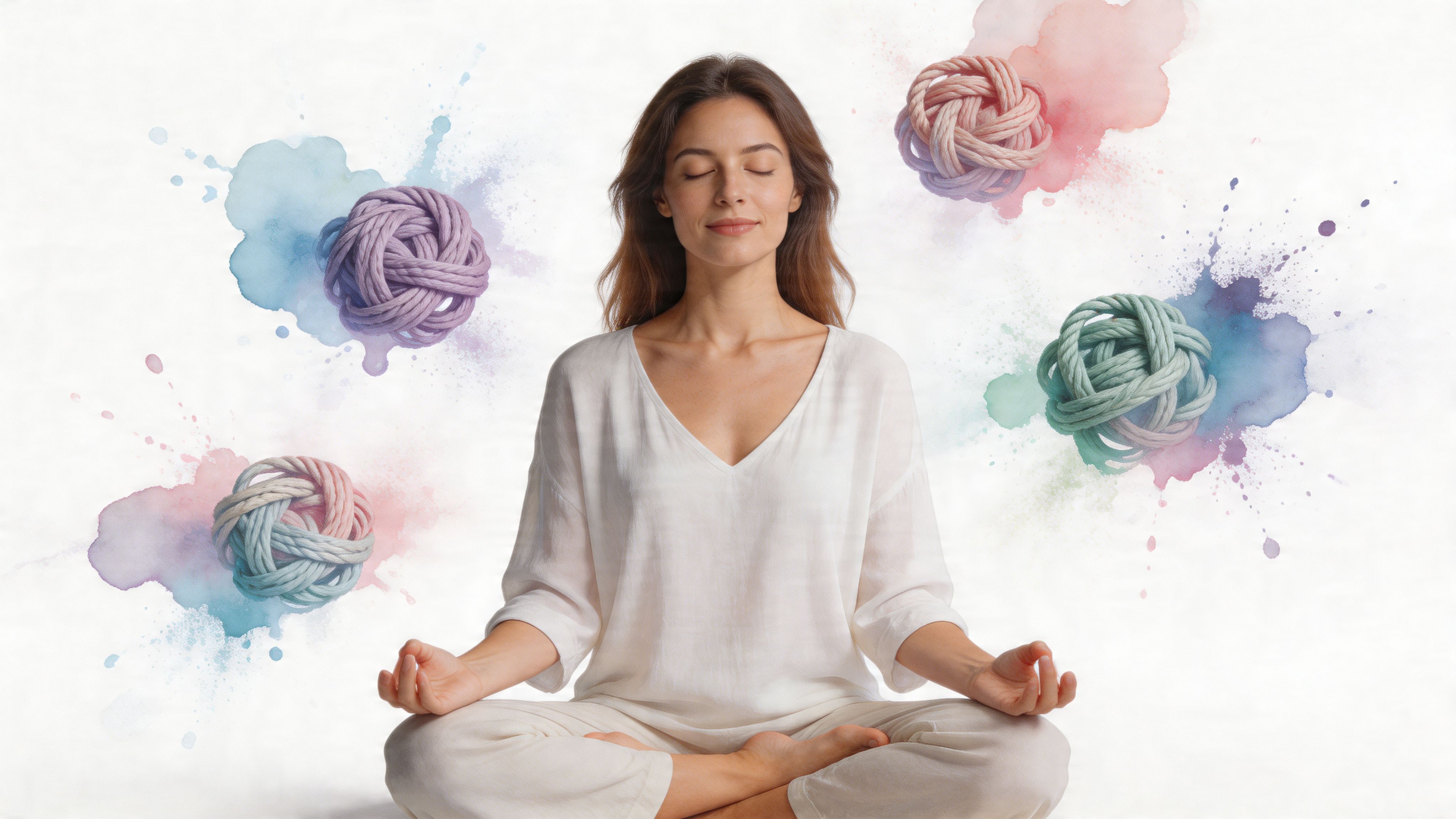 A woman in white clothing meditating peacefully surrounded by floating yarn balls and soft watercolor splashes.