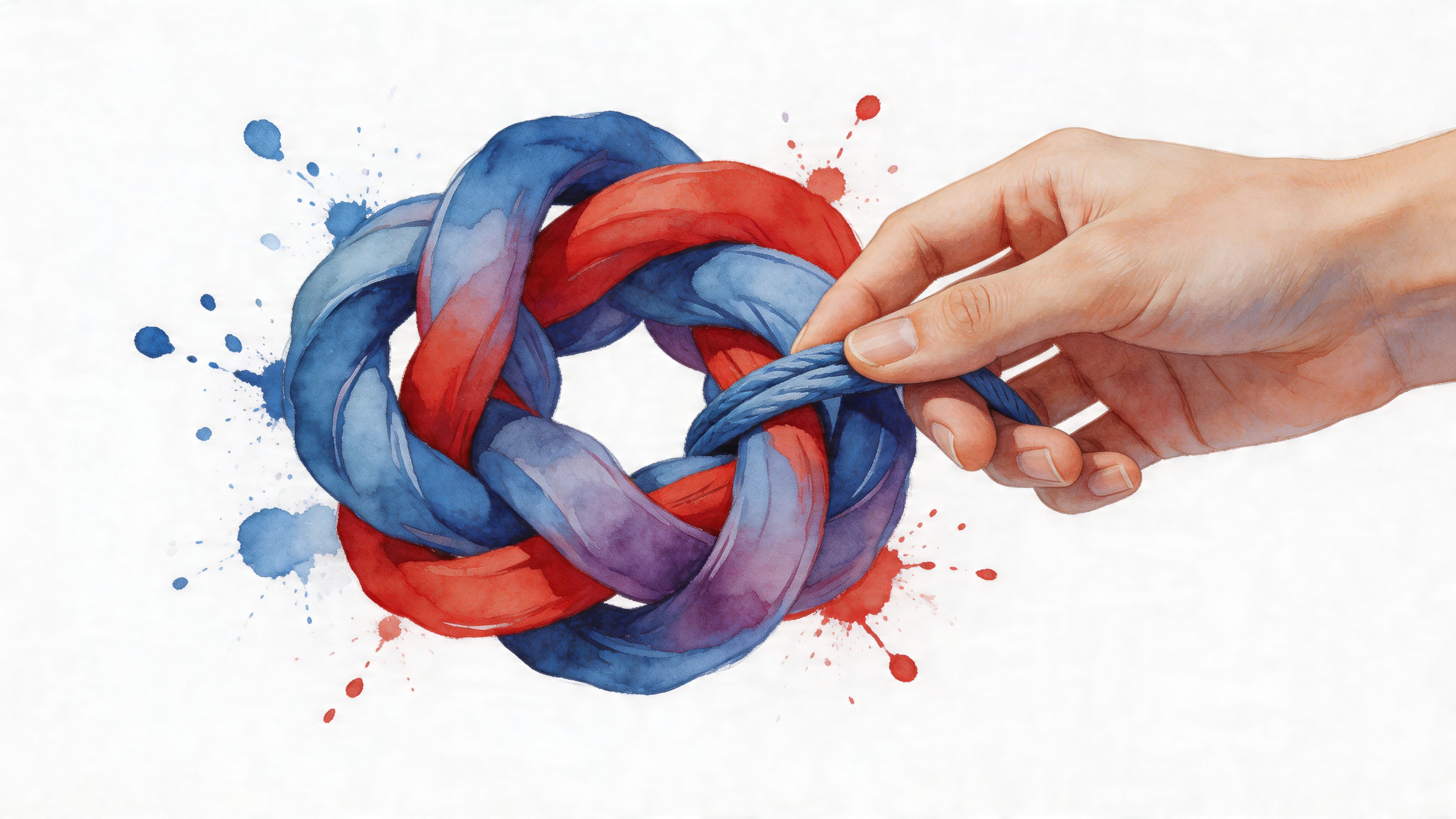 A hand untying a complex, watercolor-painted knot made of red and blue intertwined ropes on white background.