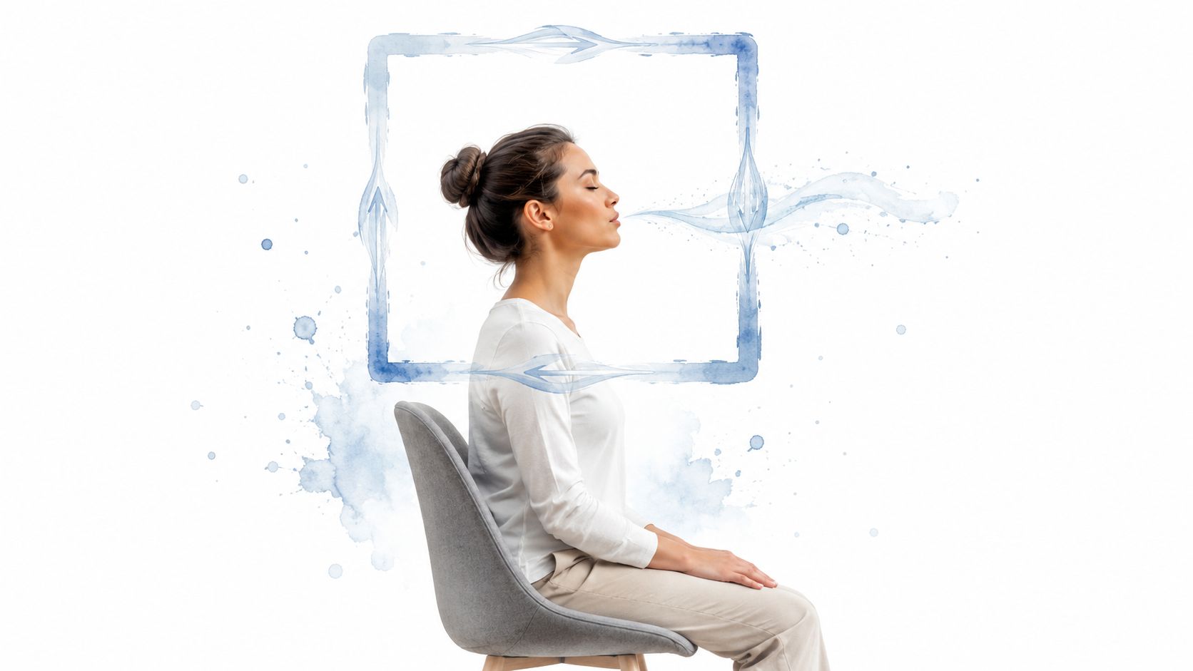 A woman practicing mindful breathing on a chair with a digital watercolor frame representing air flow.