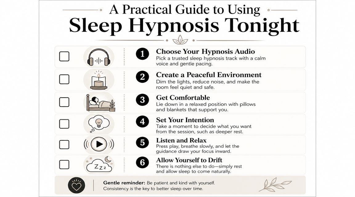 A six-step infographic guide on how to prepare for and use sleep hypnosis for relaxation.