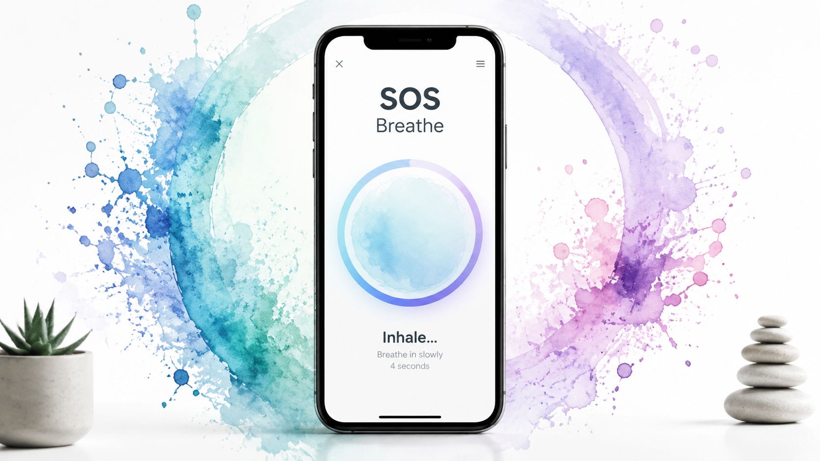 A smartphone screen displaying a calming SOS breathing exercise app with watercolor design elements.