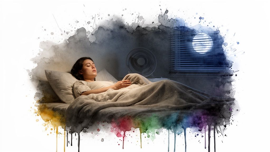 A woman sleeping in bed at night with a fan and moon through the window, surrounded by colorful watercolor splashes.
