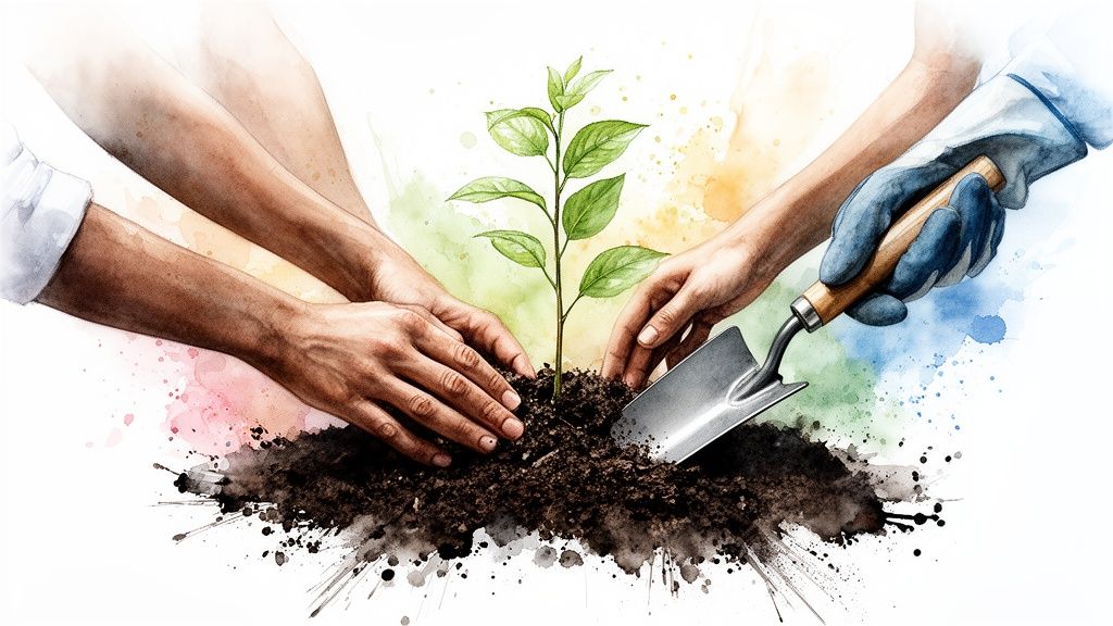 Multiple hands, one gloved, planting a small green seedling in soil with a trowel, surrounded by colorful watercolor splashes.