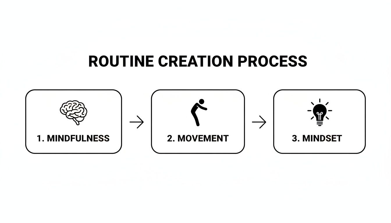Flowchart showing a three-step routine creation process: Mindfulness, Movement, and Mindset.