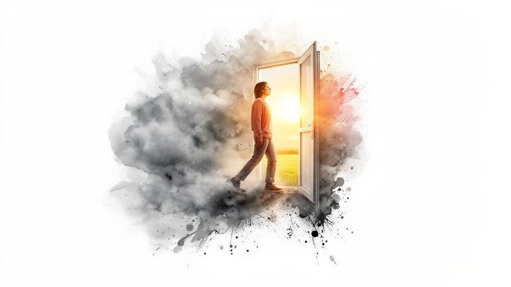 A person stepping from dark, smoky clouds through an open door into a bright, sunny field, symbolizing new opportunities.