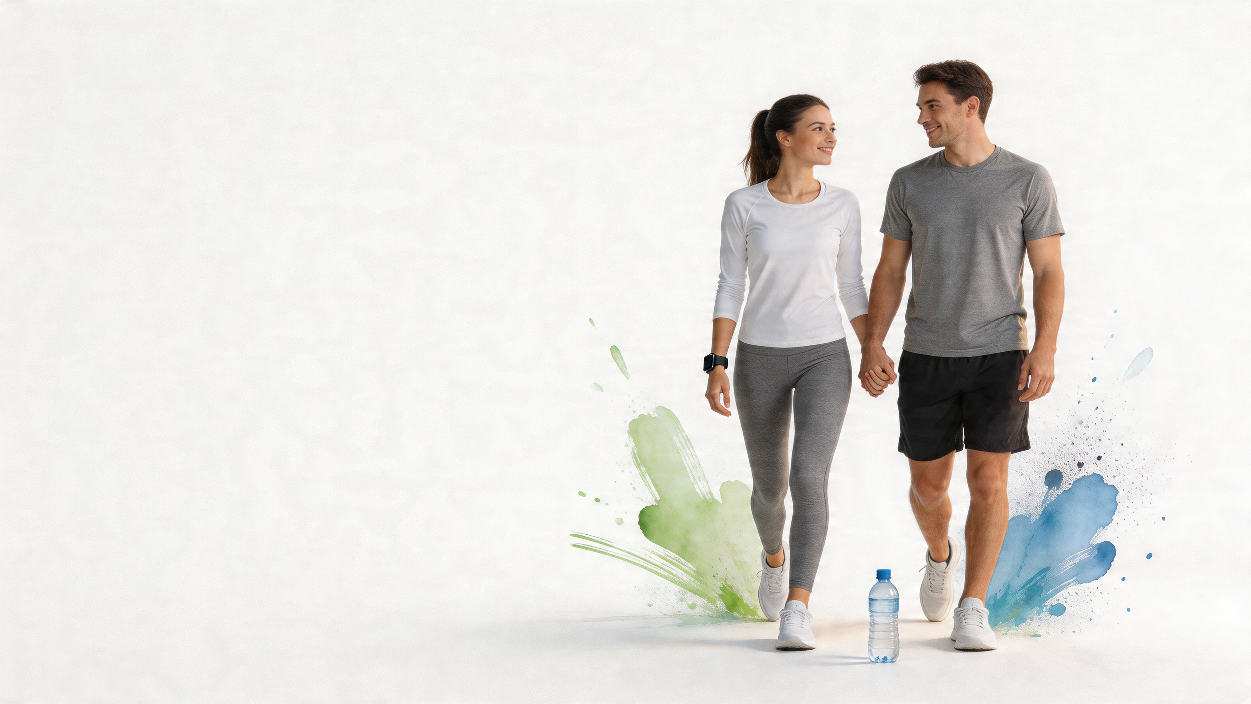 A fit young couple walking together while holding hands, set against a white background with watercolor accents.