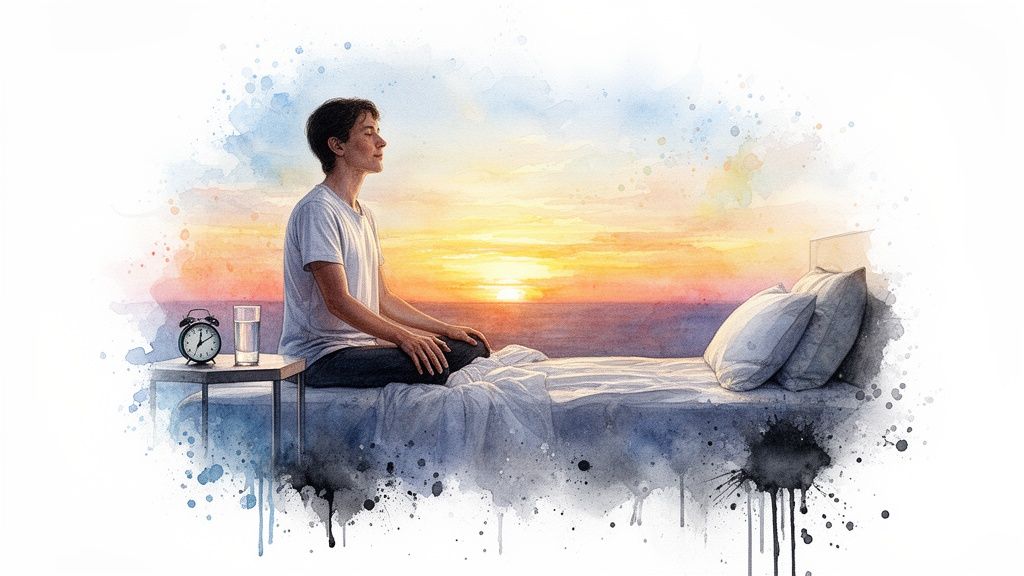 Watercolor painting of a person meditating on a bed at sunrise with an alarm clock and water.