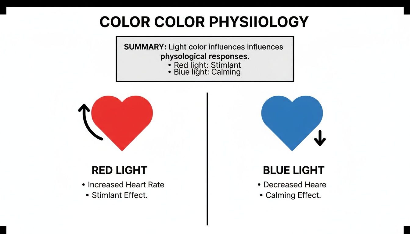 Diagram showing red light increases heart rate and stimulates, while blue light decreases heart rate and calms.