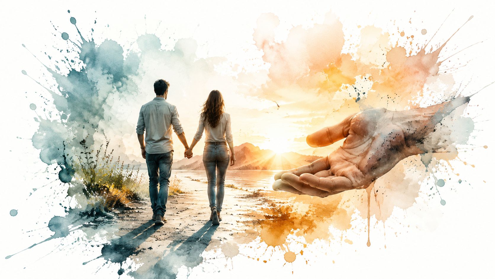 A couple holding hands walking towards a sunset, with a large, ethereal hand reaching out towards them.