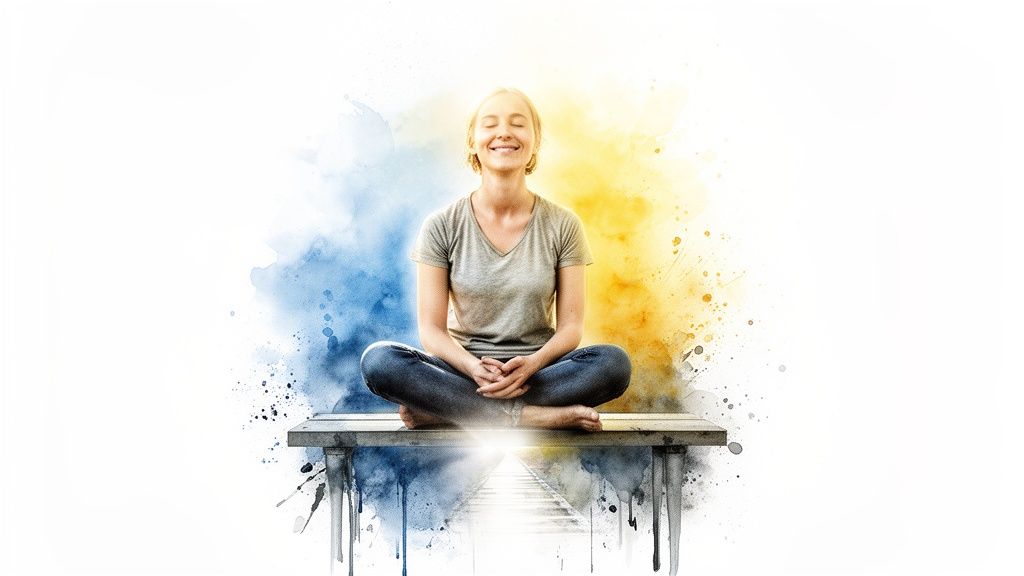 Serene woman meditating on a bench with colorful watercolor splashes and a luminous path.