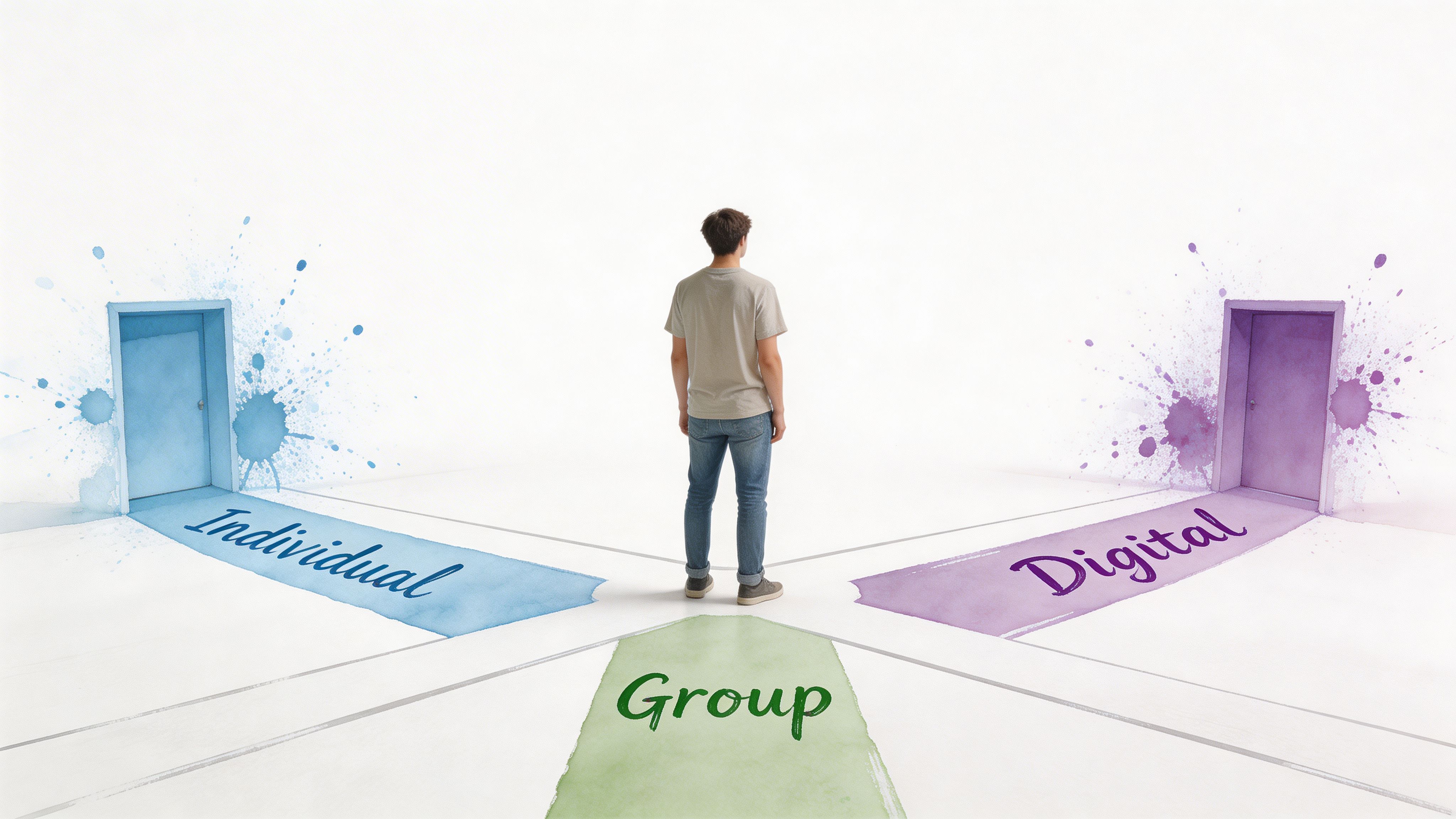 A young man standing in front of three different paths labeled Individual, Group, and Digital options.