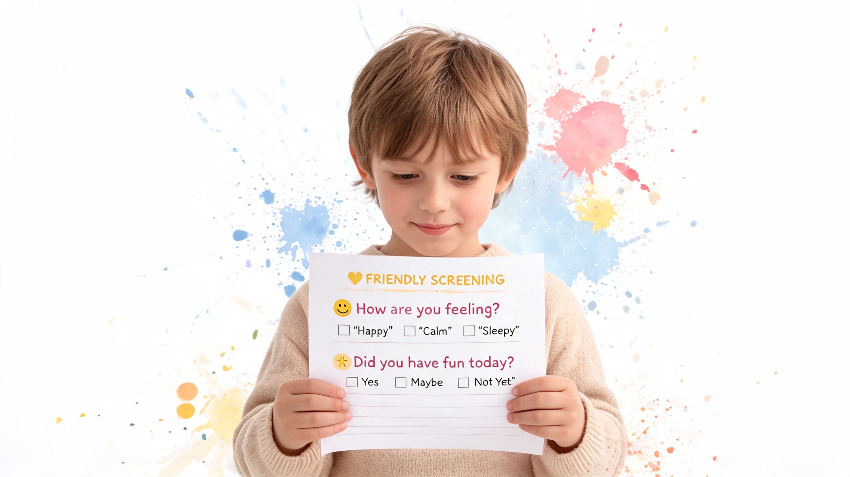 A young boy holds a Friendly Screening questionnaire form to check his mood and happiness level.