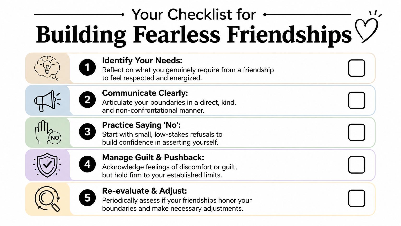 A checklist for building fearless friendships, featuring five numbered steps on establishing and maintaining healthy personal boundaries.